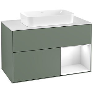 Villeroy und Boch Finion Waschtischunterschrank G251GFGM 100cm, Abdeckplatte white matt, Emotion, Regal rechts Glossy white lacquer, Olive Matt Lacquer